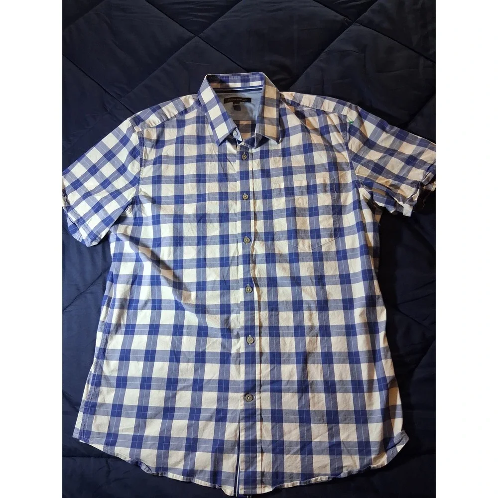 Banana Republic Mens Large Blue White Gingham Short Sleeve Button Down Shirt